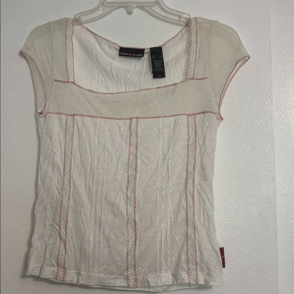 DKNY White Blouse with Red Stitching